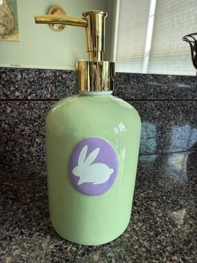 Green Ceramic Bath & Body Dispenser with Purple Rabbit Accent